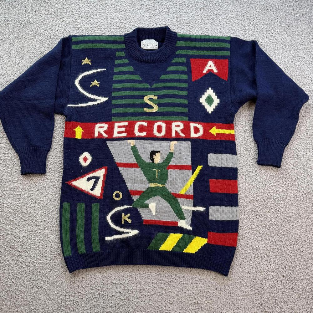 Vintage 90s Venezia Sportswear Graphic Knit Sweater Ski Novelty Pattern Crewneck